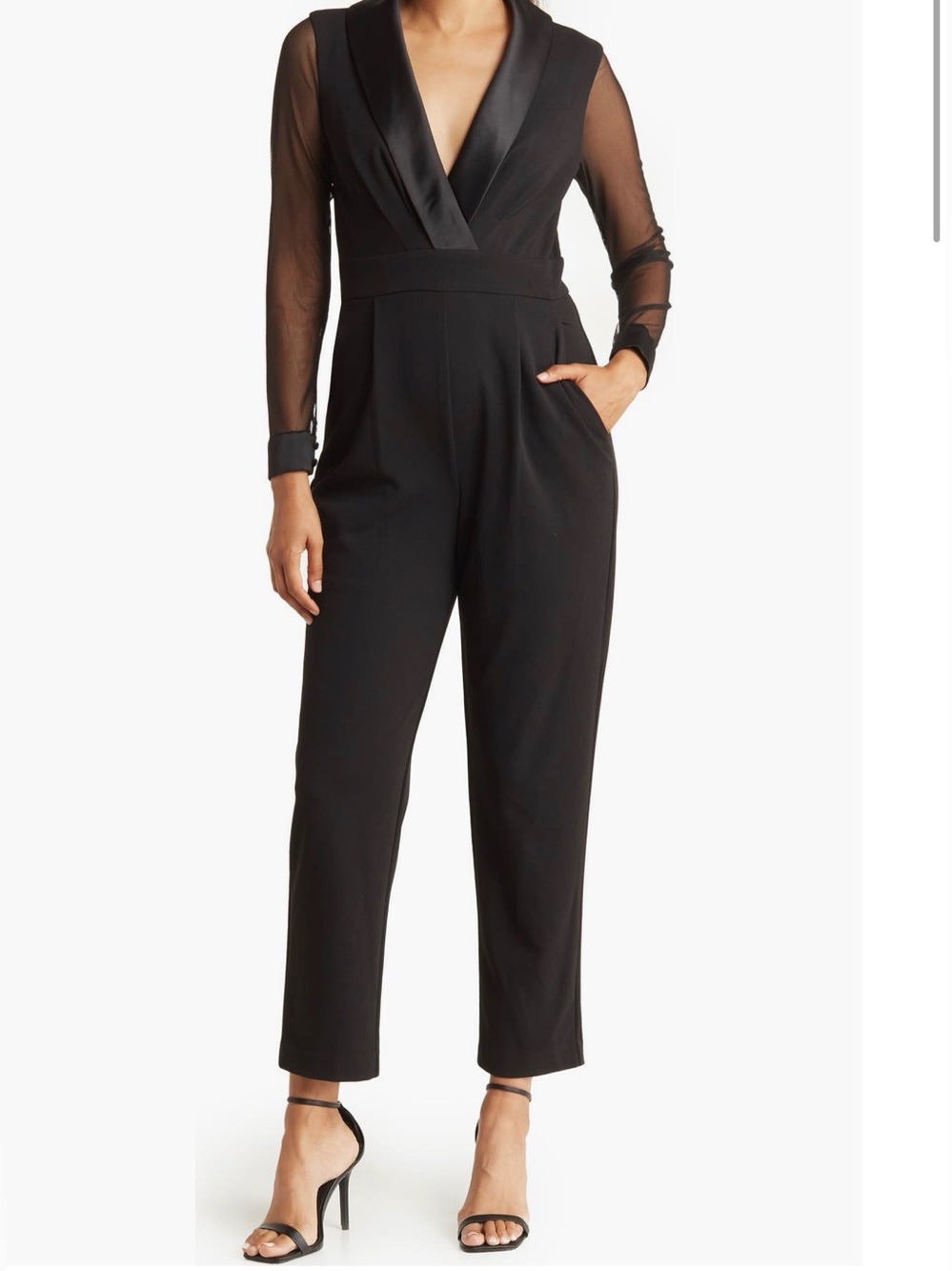Eliza J Black Satin-Trim Jumpsuit with Sheer Sleeves